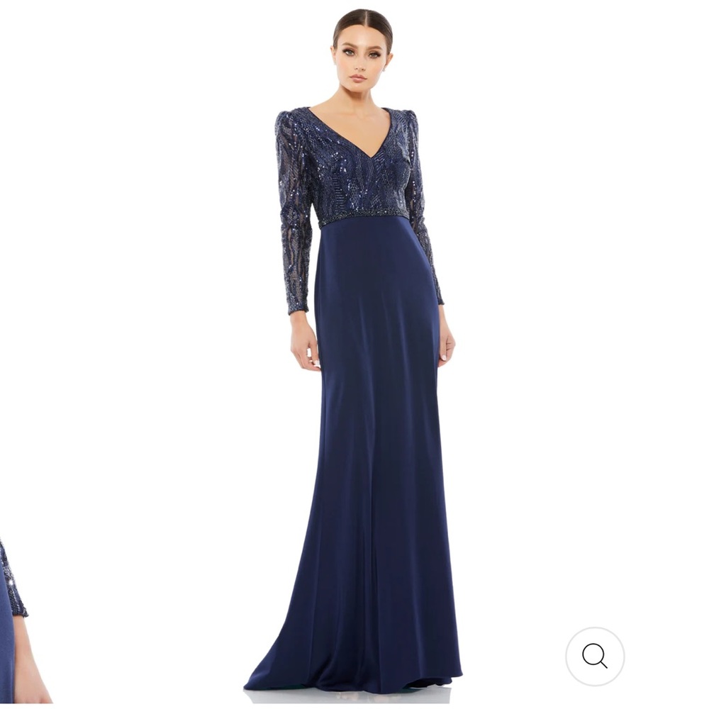 NEW Mac Duggal Embellished Long Sleeve Bodice Column Dress in Midnight B…